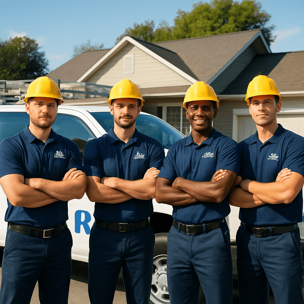 The Two Rivers Roofing crew in front of a completed project